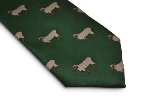 green tie with sheep embroidered design